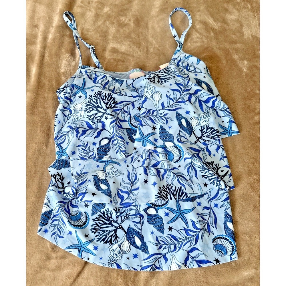 Stella Parker Sze Large Floral 3 Tiered Tankini Top Blue Shore Seashell Starfish